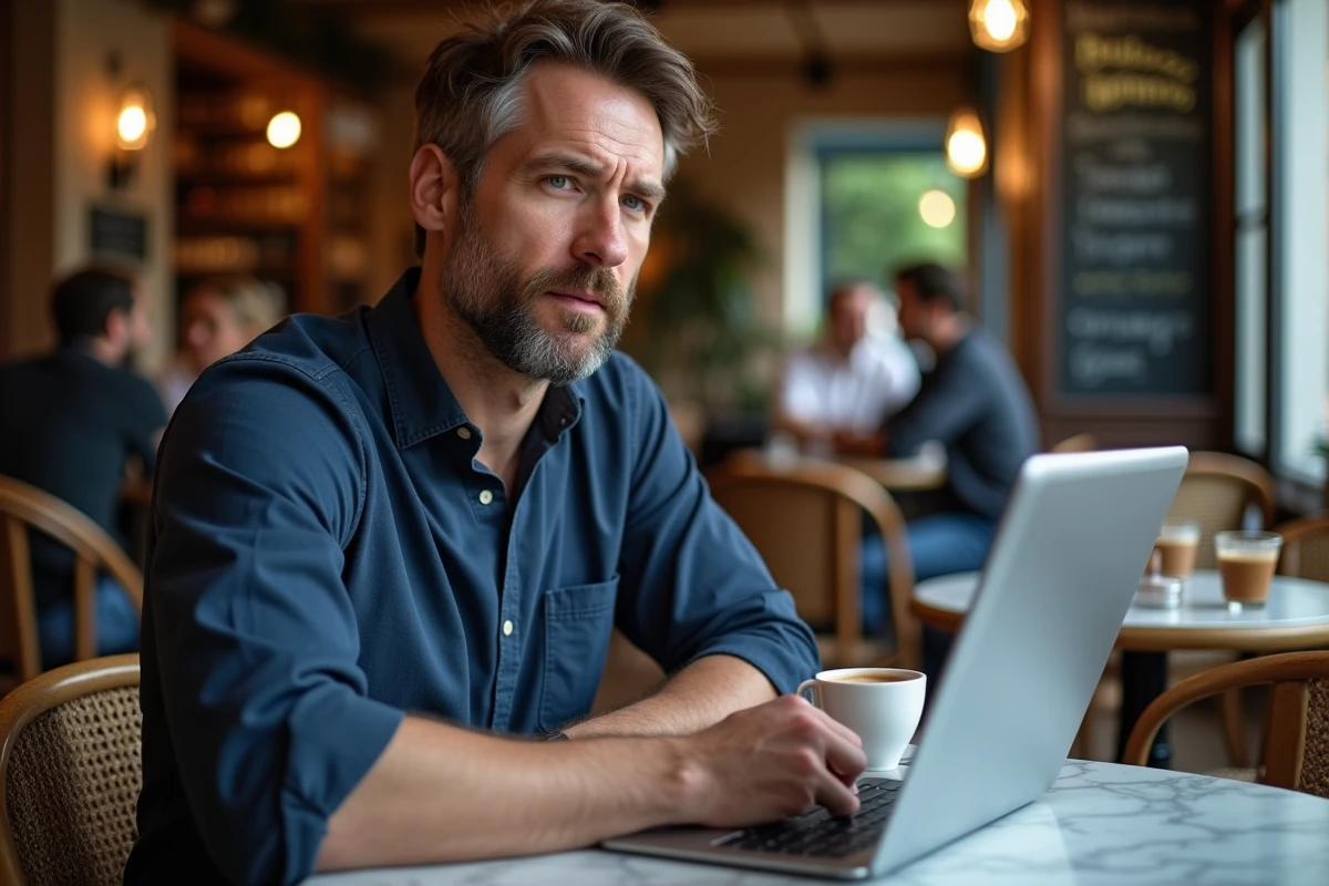 Entrepreneur indépendant lisant un magazine de formation business sur tablette dans un café parisien