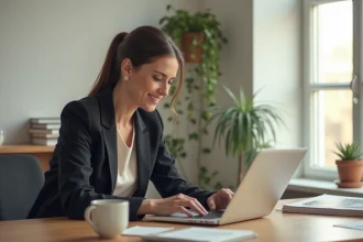Femme professionnelle consultant un abonnement magazine en ligne sur son ordinateur portable dans un bureau moderne