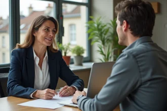 Coach formatrice en entretien personnalisé avec un participant dans un espace coworking parisien moderne avant une formation digitale