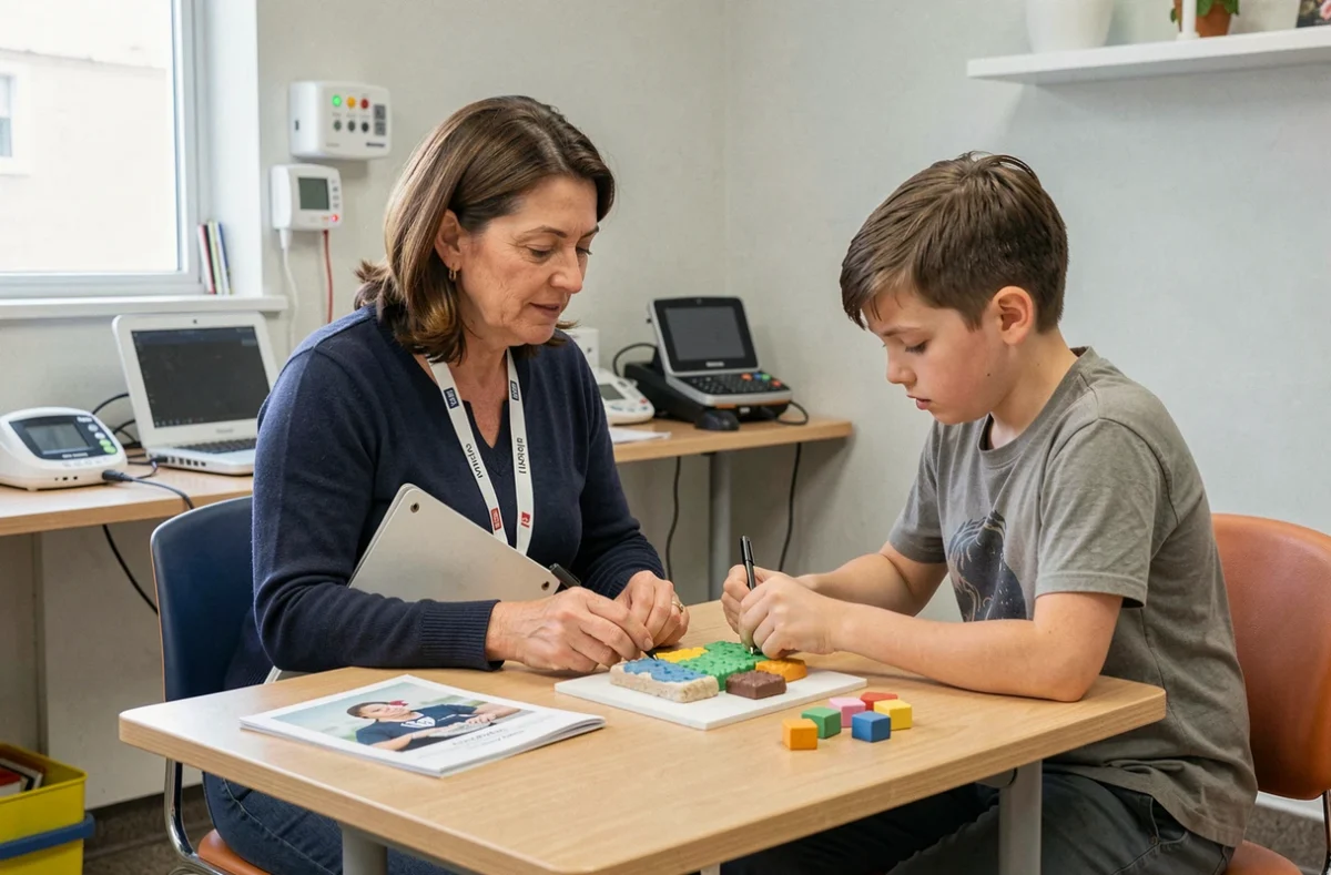 Accompagnatrice spécialisée de la MDPH 77 travaillant avec un élève en situation de handicap dans une salle adaptée