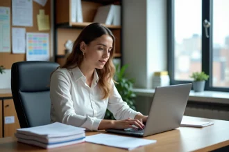 Jeune femme administratrice scolaire au bureau moderne