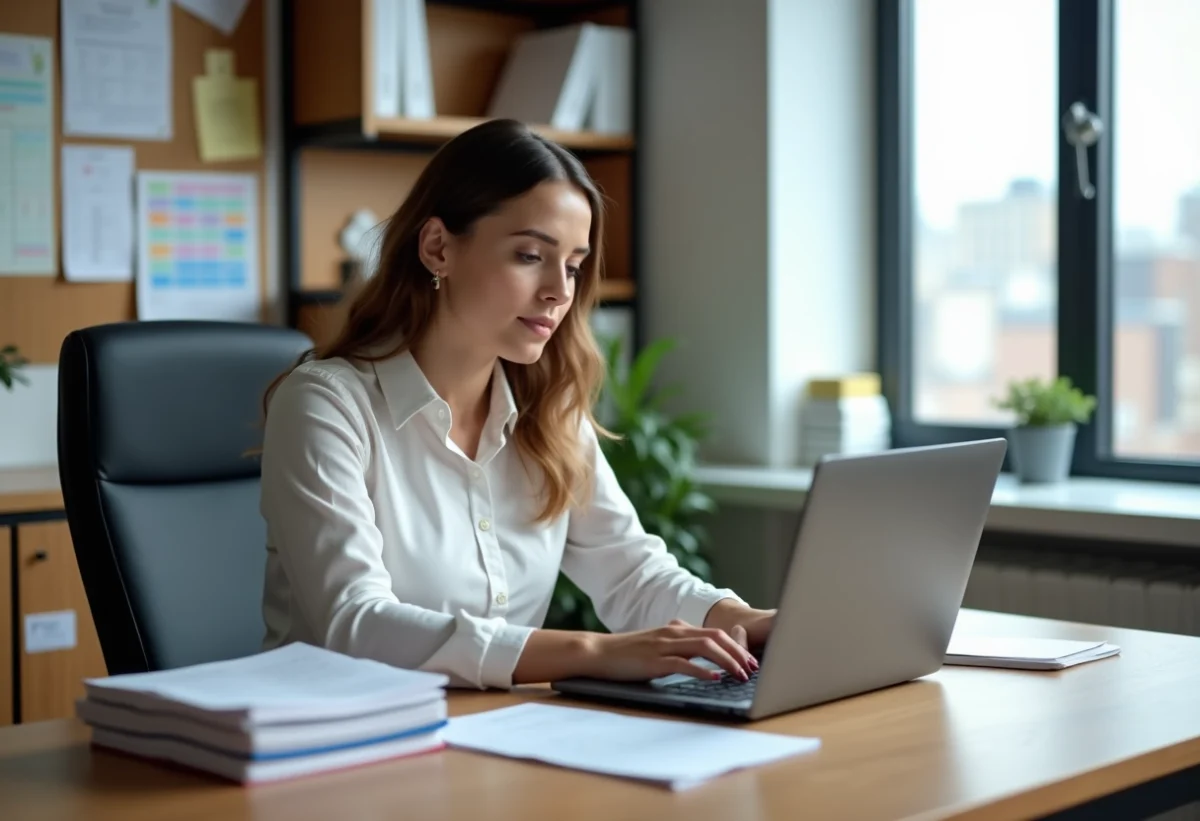 Jeune femme administratrice scolaire au bureau moderne