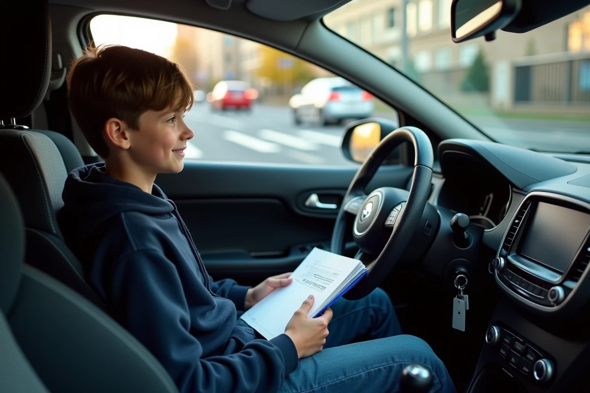 Adolescent dans la voiture avec manuel du code de la route