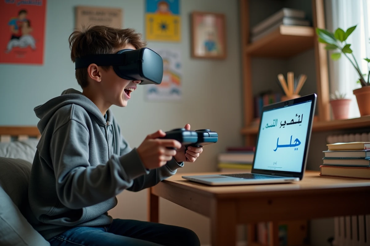 Adolescent en VR avec texte arabe dans sa chambre