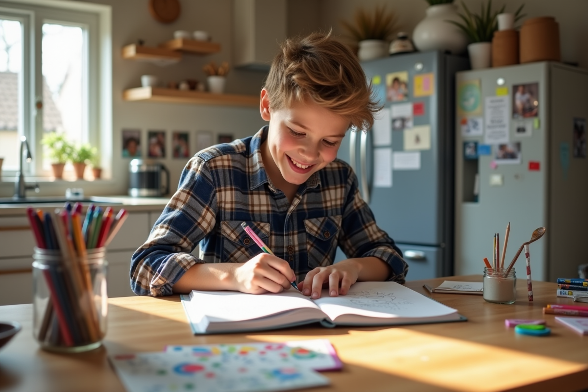 Adolescent assemble un journal avec des fournitures dans la cuisine