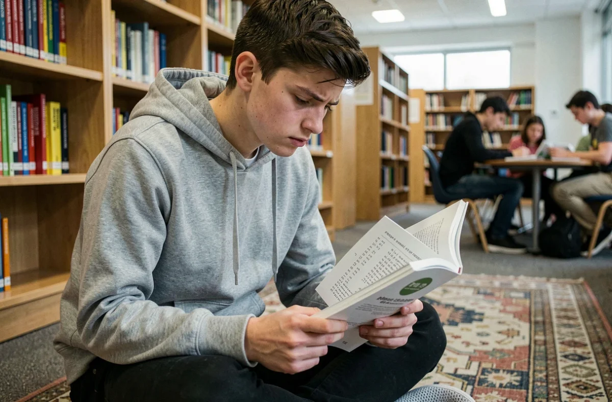 Adolescent concentré sur l'apprentissage du passé simple du verbe aller dans un manuel de grammaire française à la bibliothèque