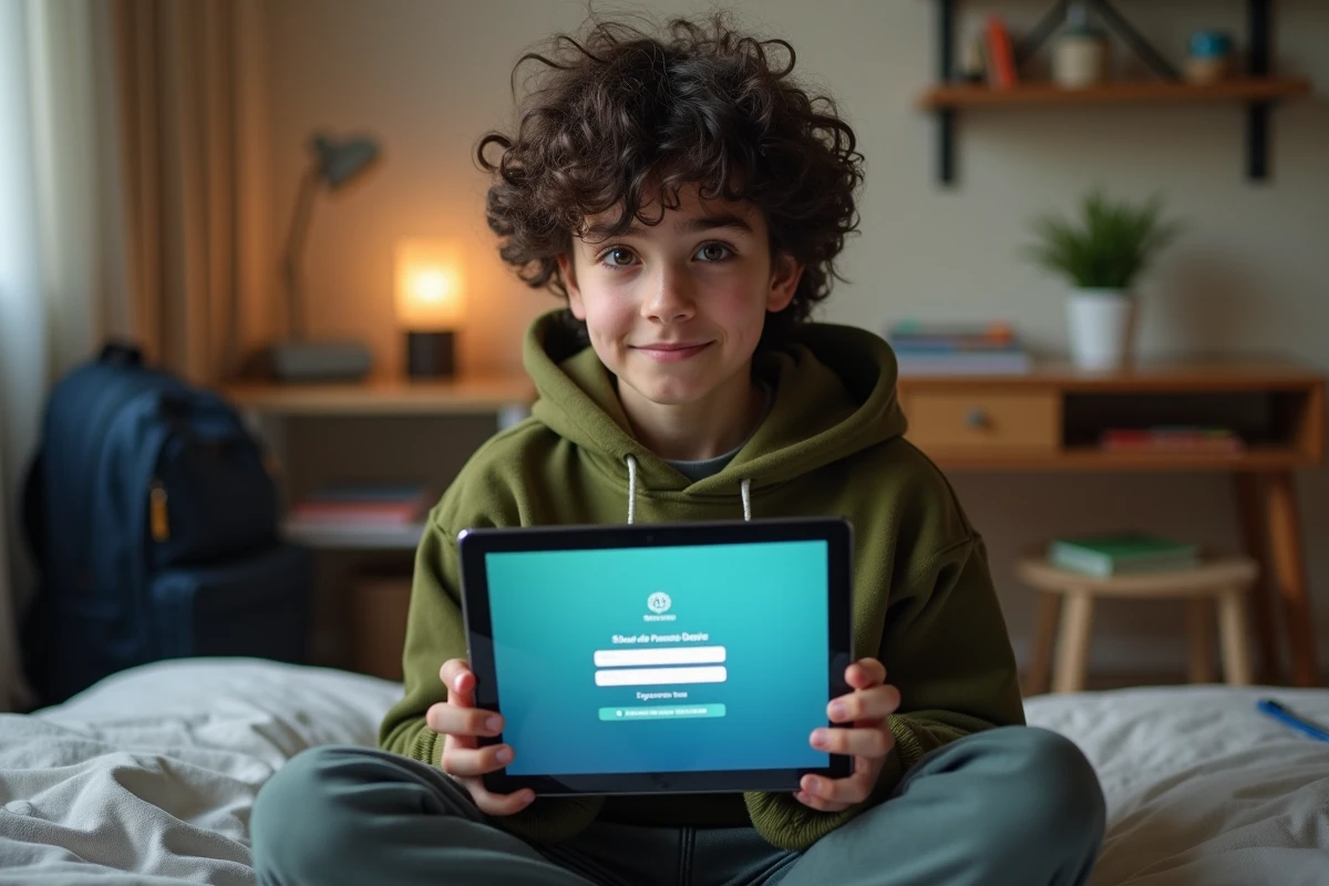Adolescent consultant une tablette avec l'écran de connexion d'une plateforme scolaire numérique pour récupérer un mot de passe perdu