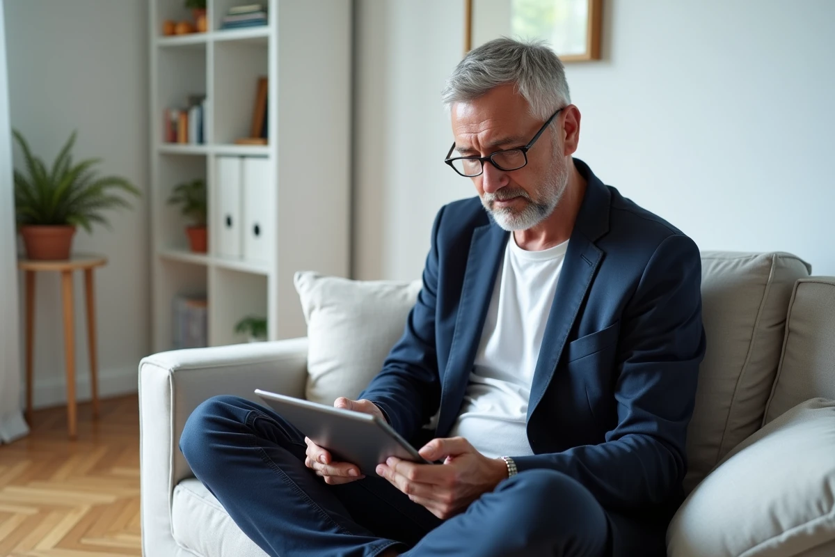 Personne d'âge mûr réalisant un test de quotient intellectuel sur une tablette dans un salon épuré