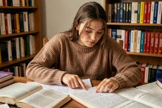 Jeune femme étudiant la conjugaison du passé simple du verbe aller avec des livres de grammaire française ouverts sur un bureau en bois