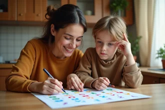 Mère et fils apprenant l'alphabet arabe ensemble à la table de cuisine avec un tableau coloré