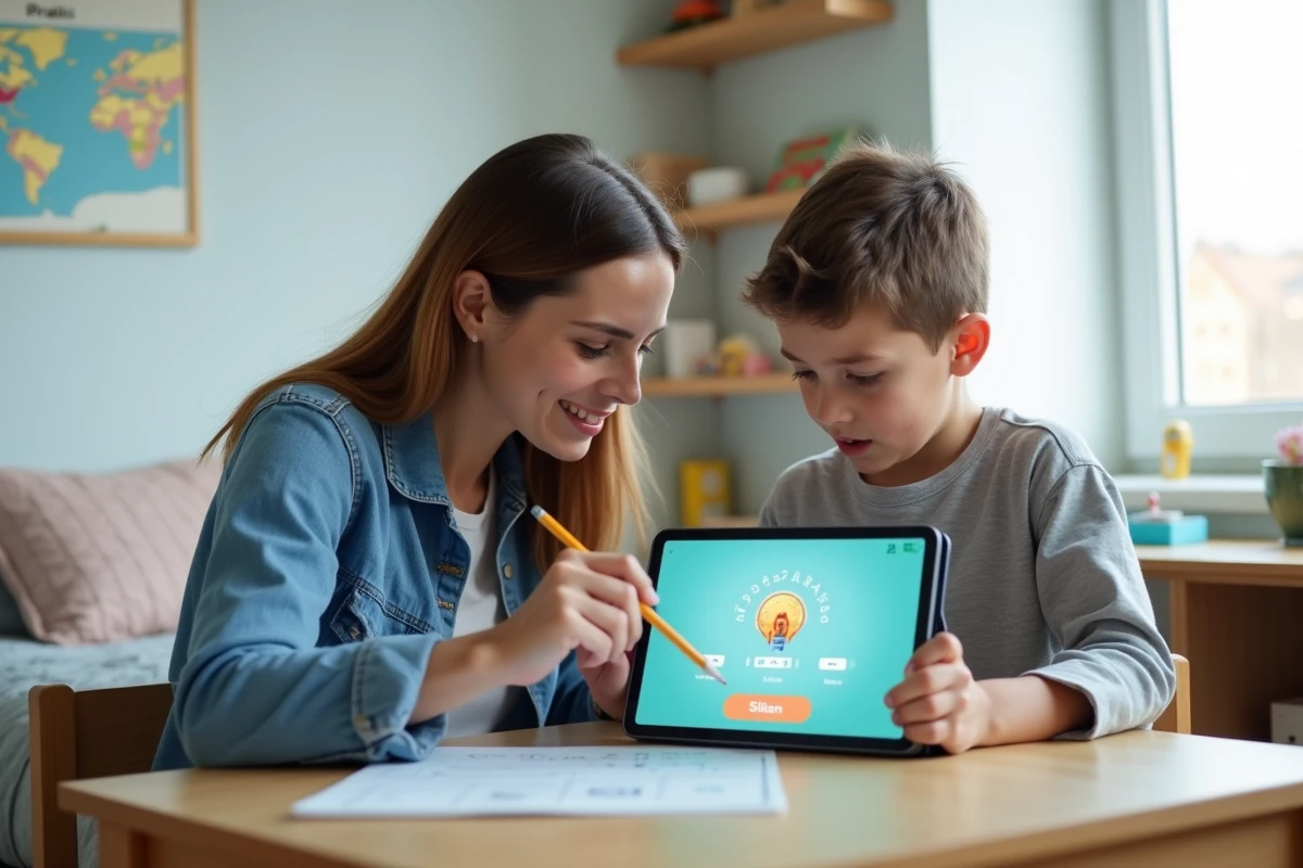 Mère et fils utilisant une application d'apprentissage de l'arabe sur tablette dans une chambre d'enfant