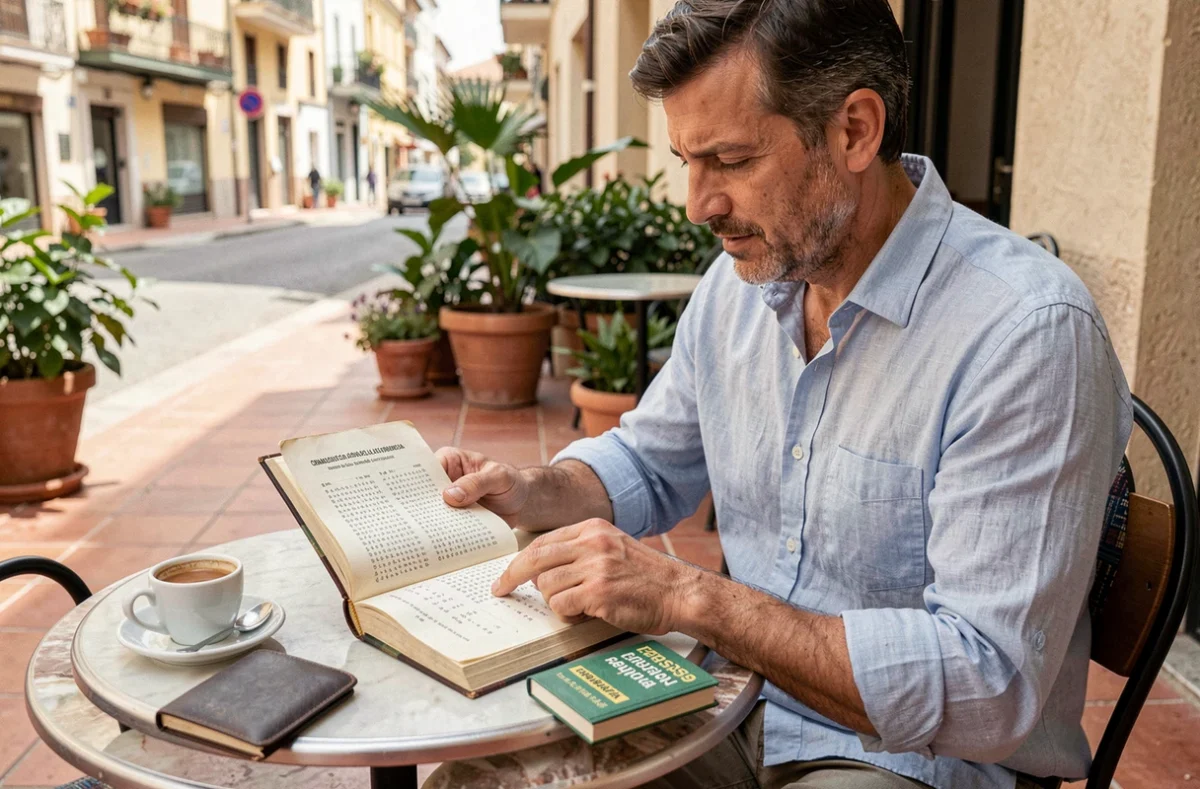 Homme adulte apprenant les verbes espagnols dans un livre sur une terrasse de café méditerranéen