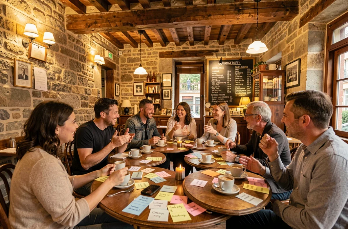 Rencontre d'échange linguistique organisée par une association de langues étrangères en Auvergne-Rhône-Alpes dans un café local
