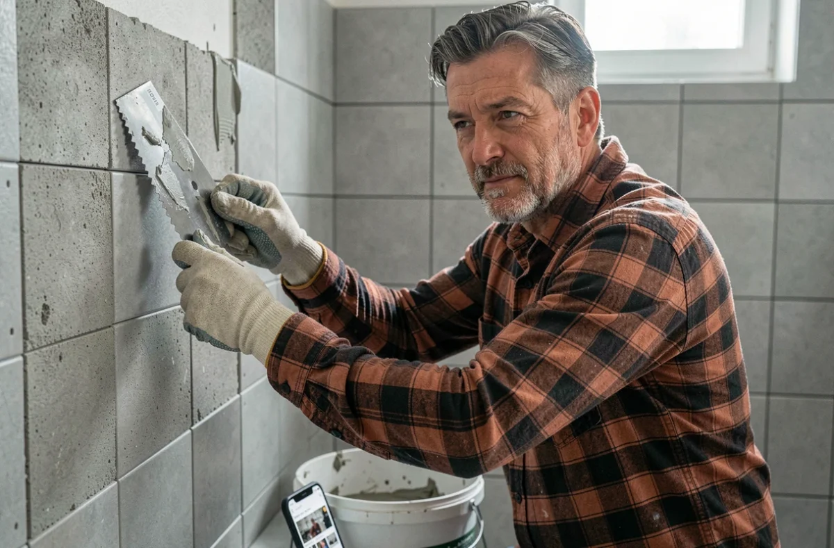 Homme posant du carrelage dans une salle de bain en rénovation en suivant un tutoriel bricolage sur smartphone