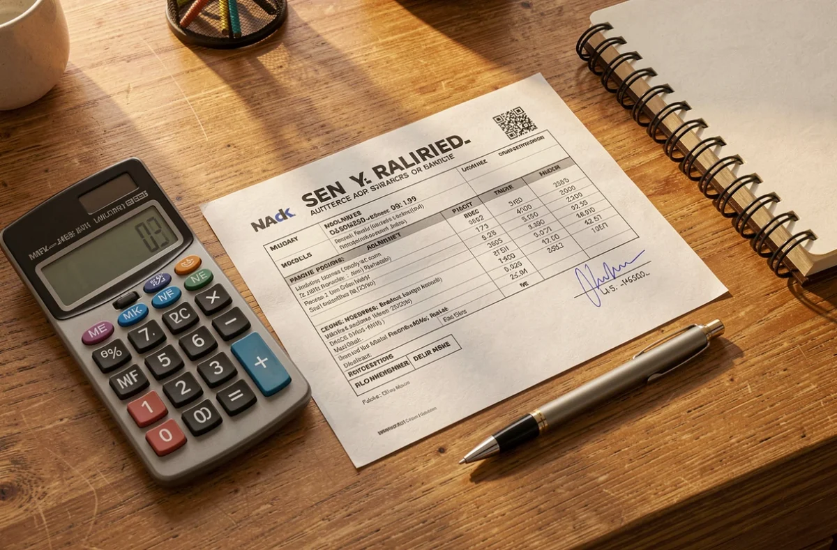Bulletin de solde, calculatrice et carnet posés sur un bureau
