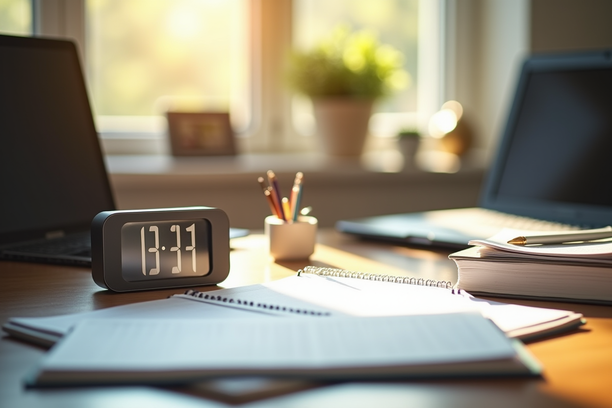 Bureau organisé avec horloge et ordinateur pour article
