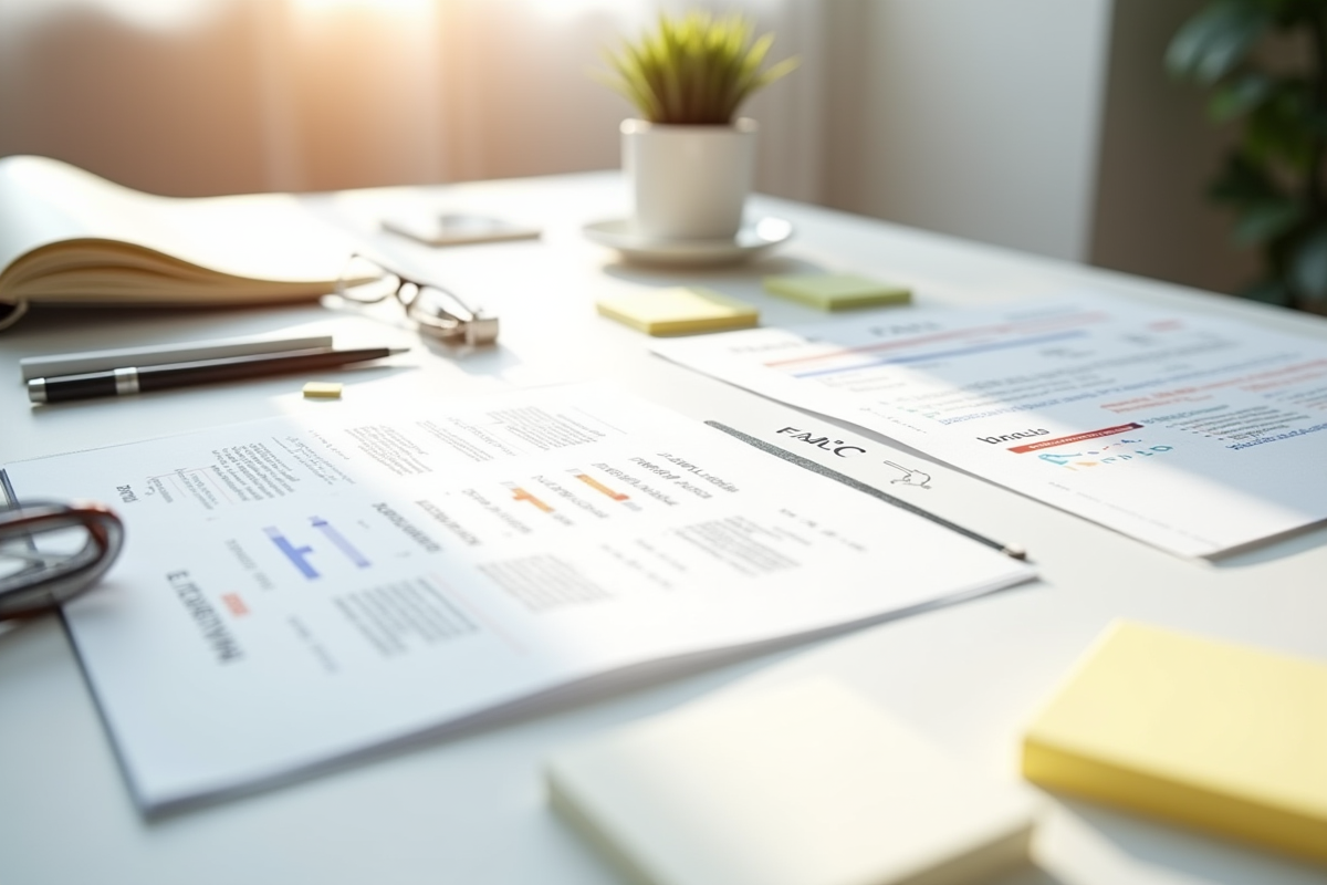 Espace de travail avec documents FALC et fournitures de bureau