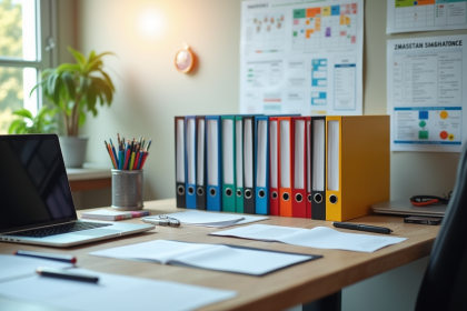 Bureau professionnel bien organisé avec dossiers et graphiques