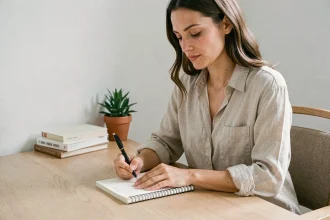 Enseignante préparant sa classe dans un carnet minimaliste posé sur un bureau en bois épuré à la maison