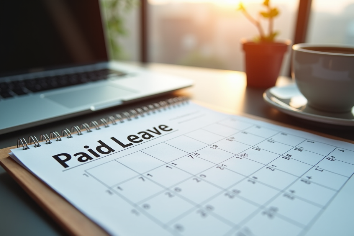 Calendrier et papier conge paye sur un bureau moderne avec ordinateur et cafe