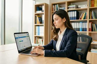 Candidate jeune femme passant un exercice de recrutement sur logiciel Scolinfo devant un ordinateur portable dans un bureau professionnel