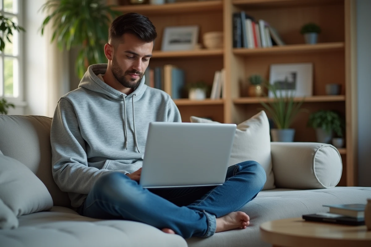 Jeune homme installant un logiciel sur un ordinateur portable depuis son canapé dans un appartement moderne