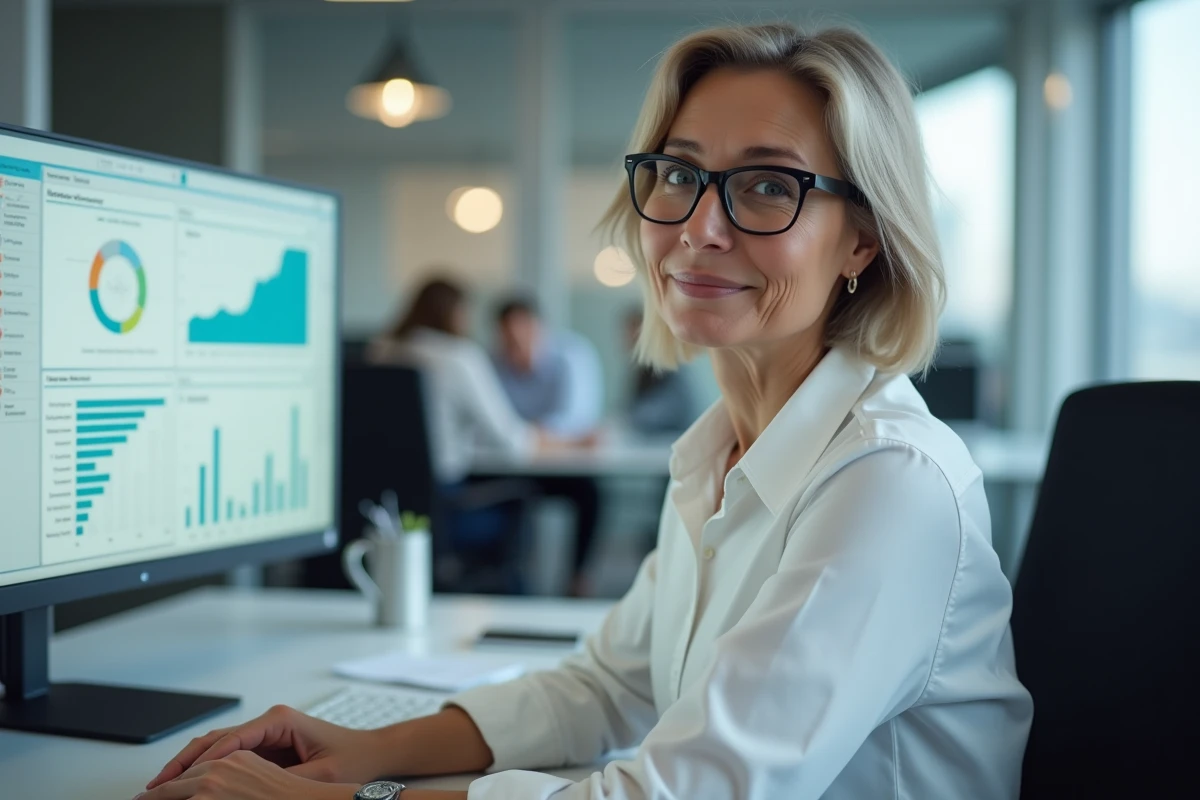 Femme professionnelle utilisant un logiciel de comptabilité sur un PC fixe dans un environnement de bureau ouvert