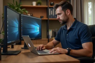 Homme comparant un laptop et un PC fixe avec un logiciel CAP RLA installé sur les deux écrans dans un bureau moderne