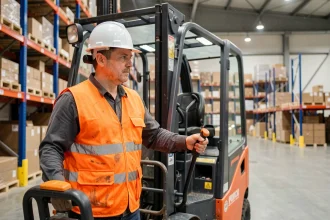 Cariste professionnel certifié CACES 5 manœuvrant un chariot élévateur à mât rétractable dans un entrepôt logistique moderne