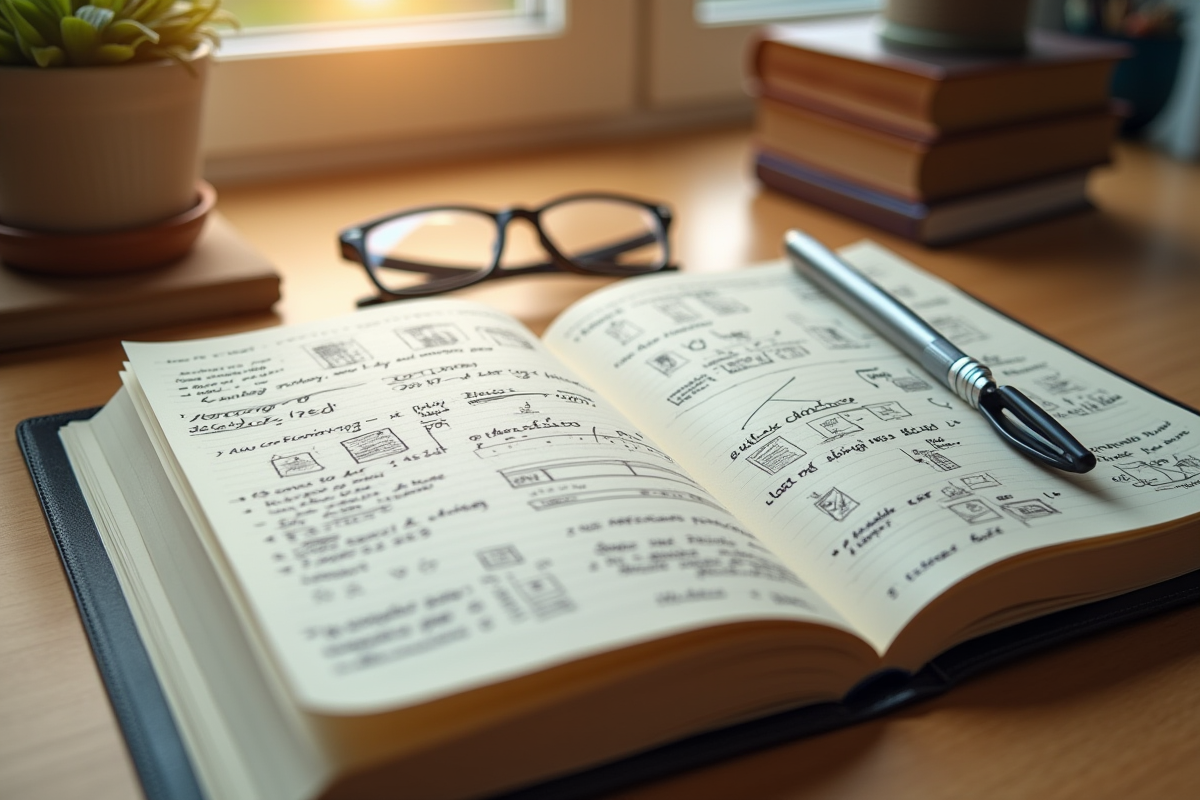 Carnet ouvert avec notes et croquis sur un bureau en bois