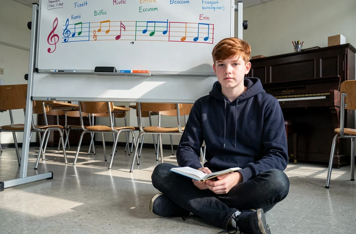 Adolescent assis devant un tableau blanc avec une carte mentale colorée représentant la clef de fa et les notes de la portée