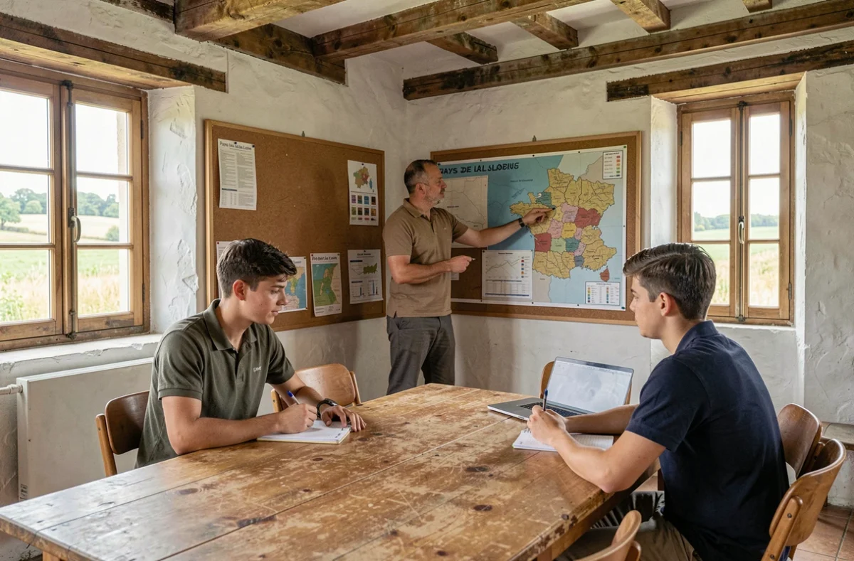 Formateur du CFA Métiers de nos territoires Pays de la Loire présentant une carte régionale à des apprentis en salle de formation