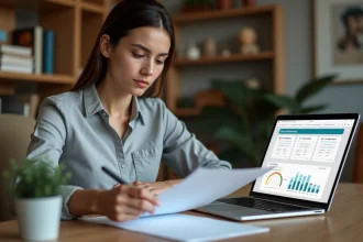Femme consultant une check-list emailing avant le lancement d'une formation sur ordinateur portable