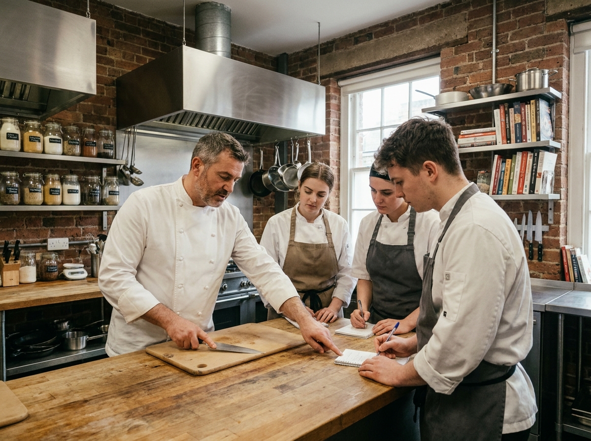 Chef instructeur enseignant une technique de couteau à des élèves dans une cuisine pédagogique professionnelle