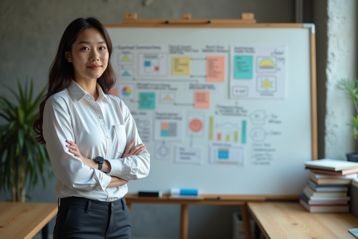 Jeune chercheuse expliquant un diagramme sur whiteboard