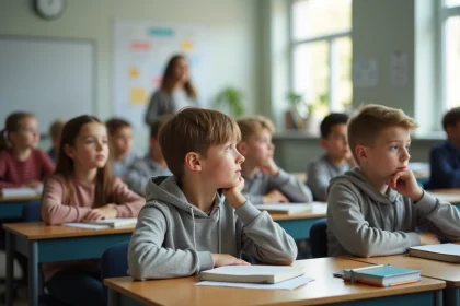 Groupe d'&eacute;l&egrave;ves de 11-12 ans en classe lumineuse