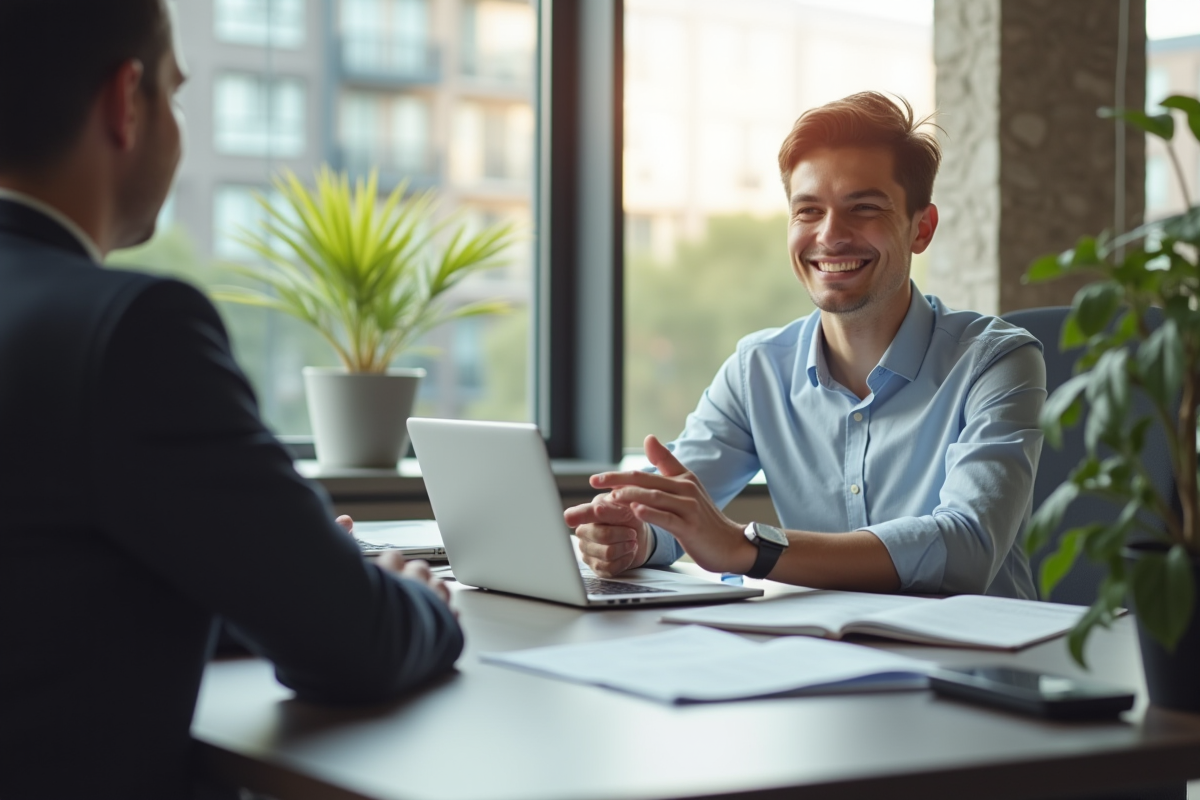 Jeune professionnel confiant en coaching en bureau lumineux