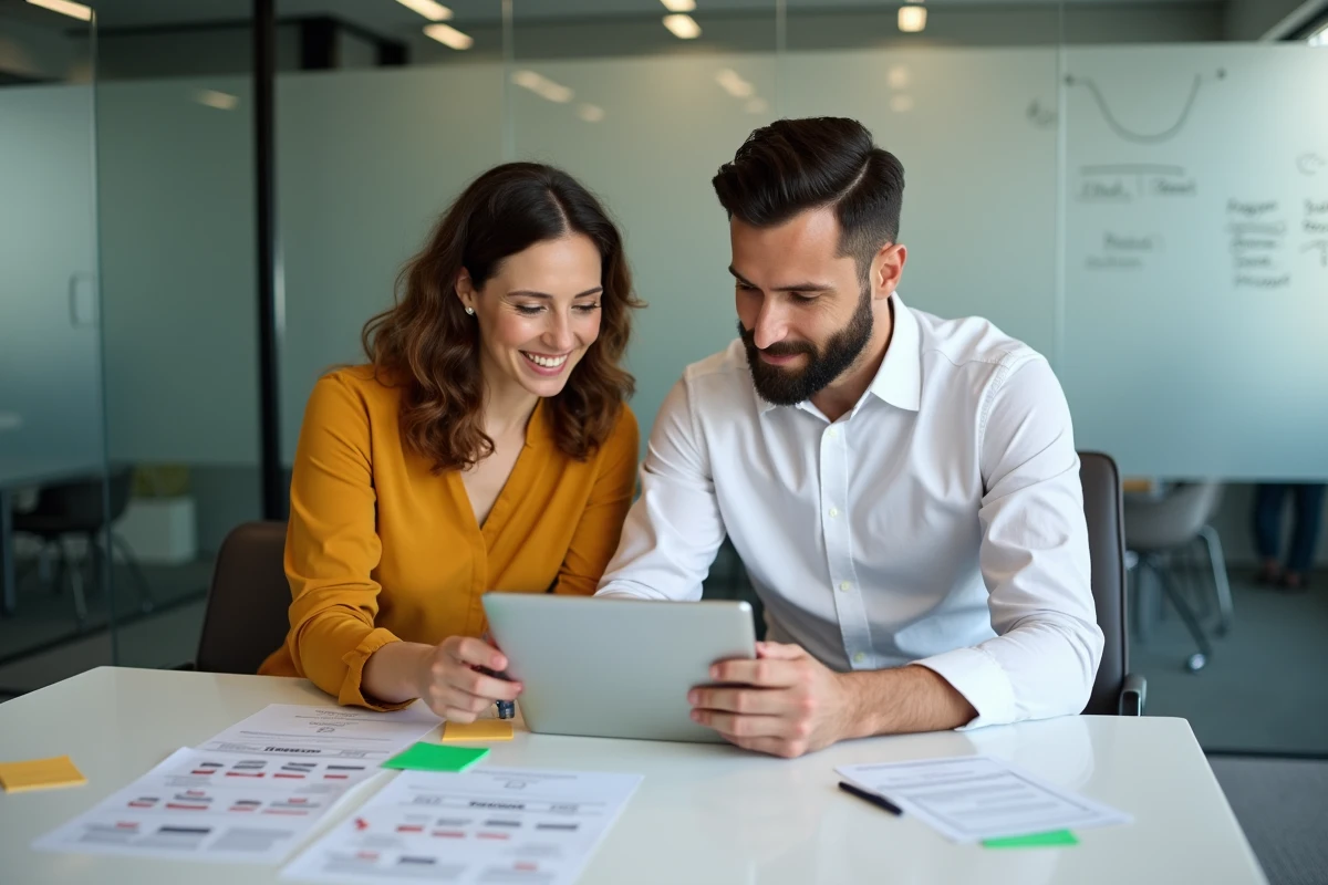 Deux professionnels collaborant sur une check-list de lancement de formation par email autour d'une table de réunion