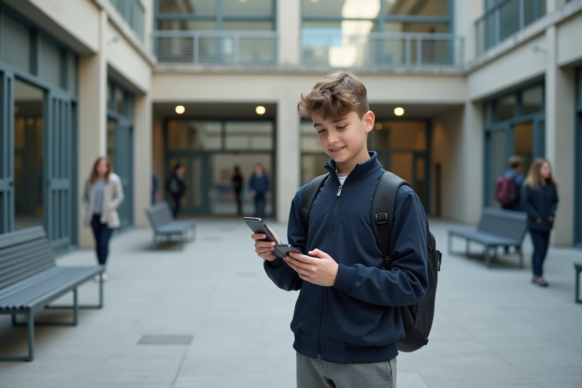 Collégien utilisant l'application Ent45 sur smartphone dans la cour de son collège
