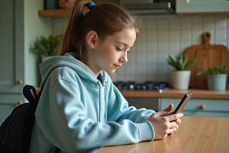 Collégienne consultant le portail Mon e-collège Loiret sur son smartphone à la maison