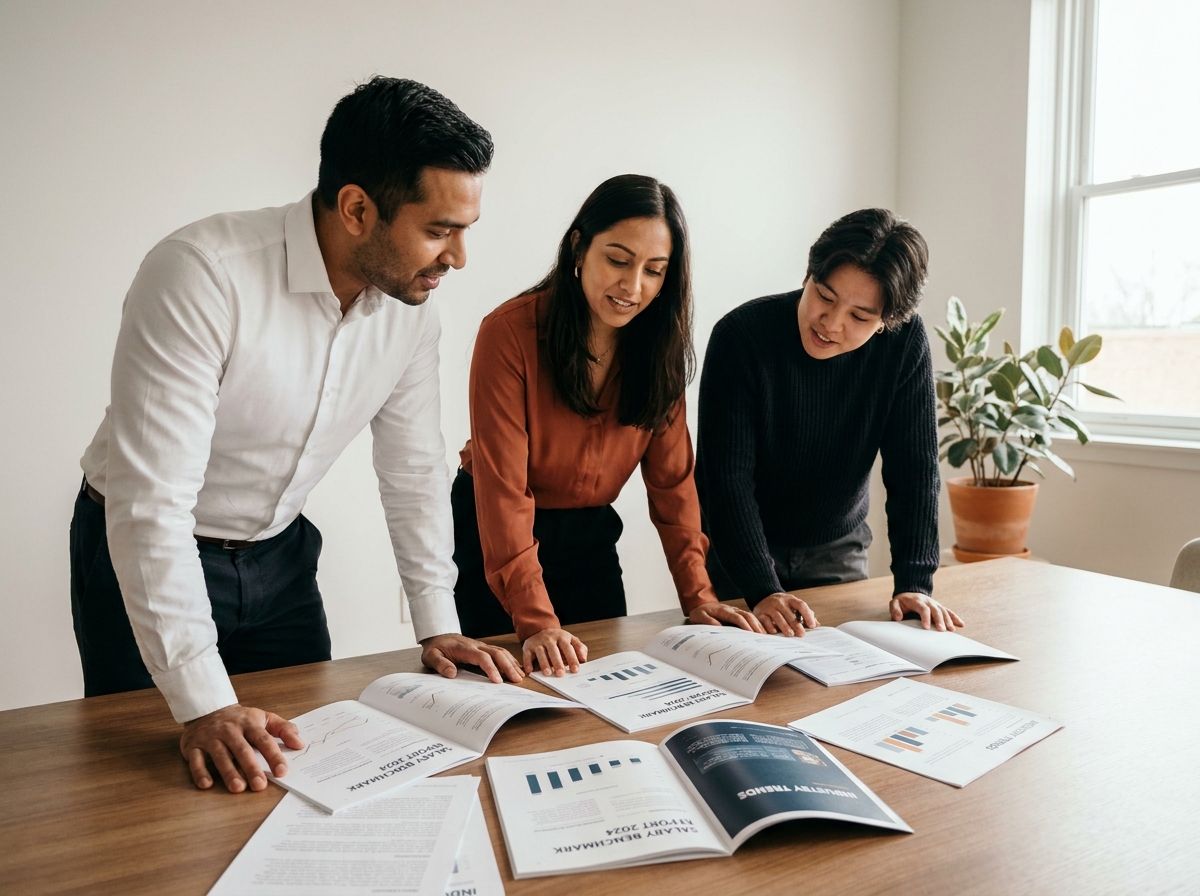 Groupe de collègues discutant des données de comparaison salariale lors d'une réunion professionnelle