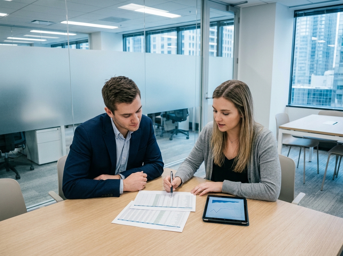 Deux jeunes ingénieurs comparant leur parcours en alternance et cursus classique lors d'une réunion professionnelle