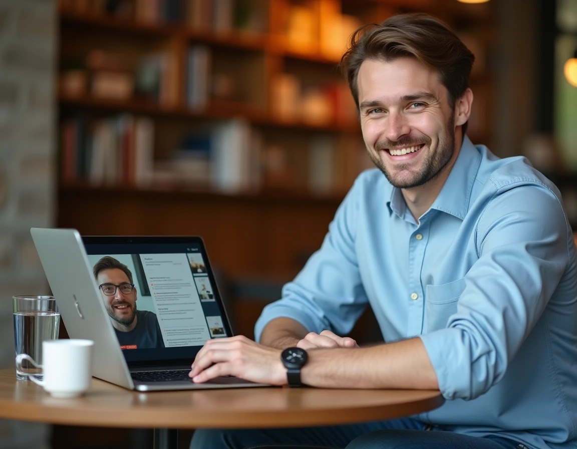 Professionnel comparant les modalités de formation en ligne et présentiel METIS depuis un café