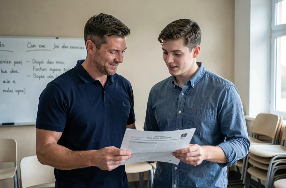 Formateur et apprenant comparant les programmes de deux organismes de formation professionnelle en salle de cours