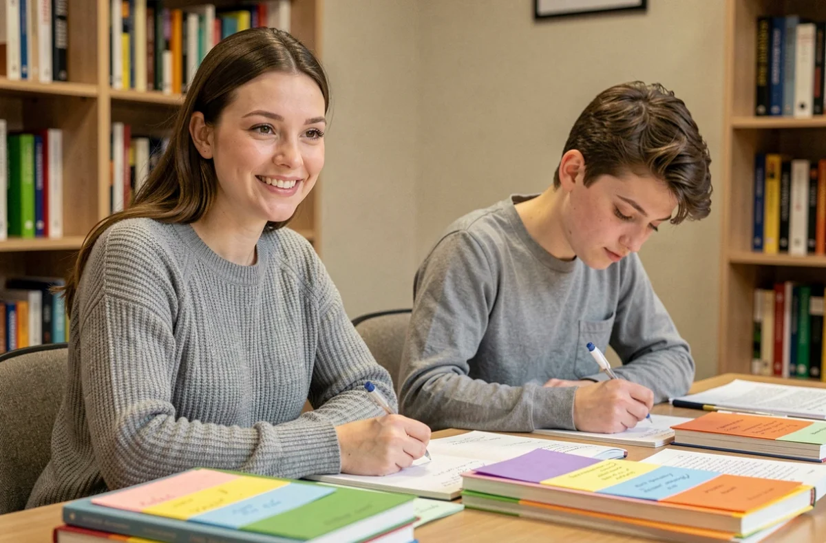 Tutrice de Complétude accompagnant un lycéen dans la révision de ses cours dans un espace d'étude calme