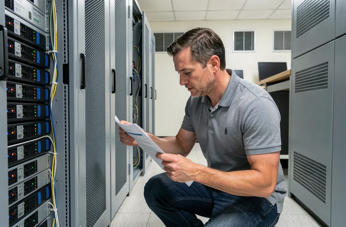 Technicien informatique vérifiant la configuration réseau d'un système de gestion académique dans une salle serveur scolaire