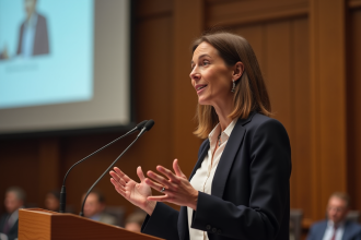 Femme conférencière en blazer parlant lors d'une conférence