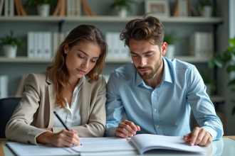 Femme d'âge moyen et jeune homme en réunion de travail