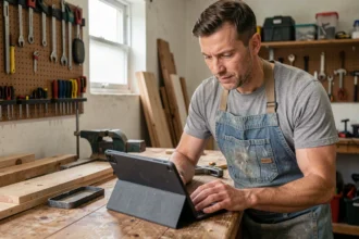 Homme suivant un cours de bricolage en ligne sur tablette dans un atelier maison avec outils et établi en bois