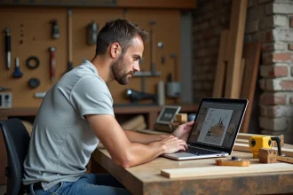 Homme suivant un cours de bricolage en ligne sur ordinateur portable dans un atelier de maison avec des outils manuels